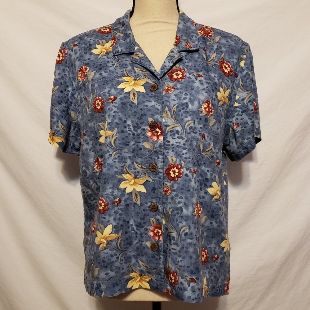 Island Traders Women's Floral Hawaiian Shirt Blue Burgundy Yellow Large L